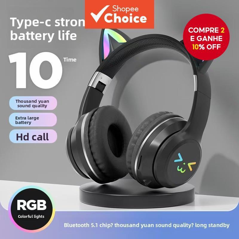 Fones de ouvido BT618 RGB, modelo de fone de ouvido com orelhas de gato fofas, sem fio, com longa duração da bateria.