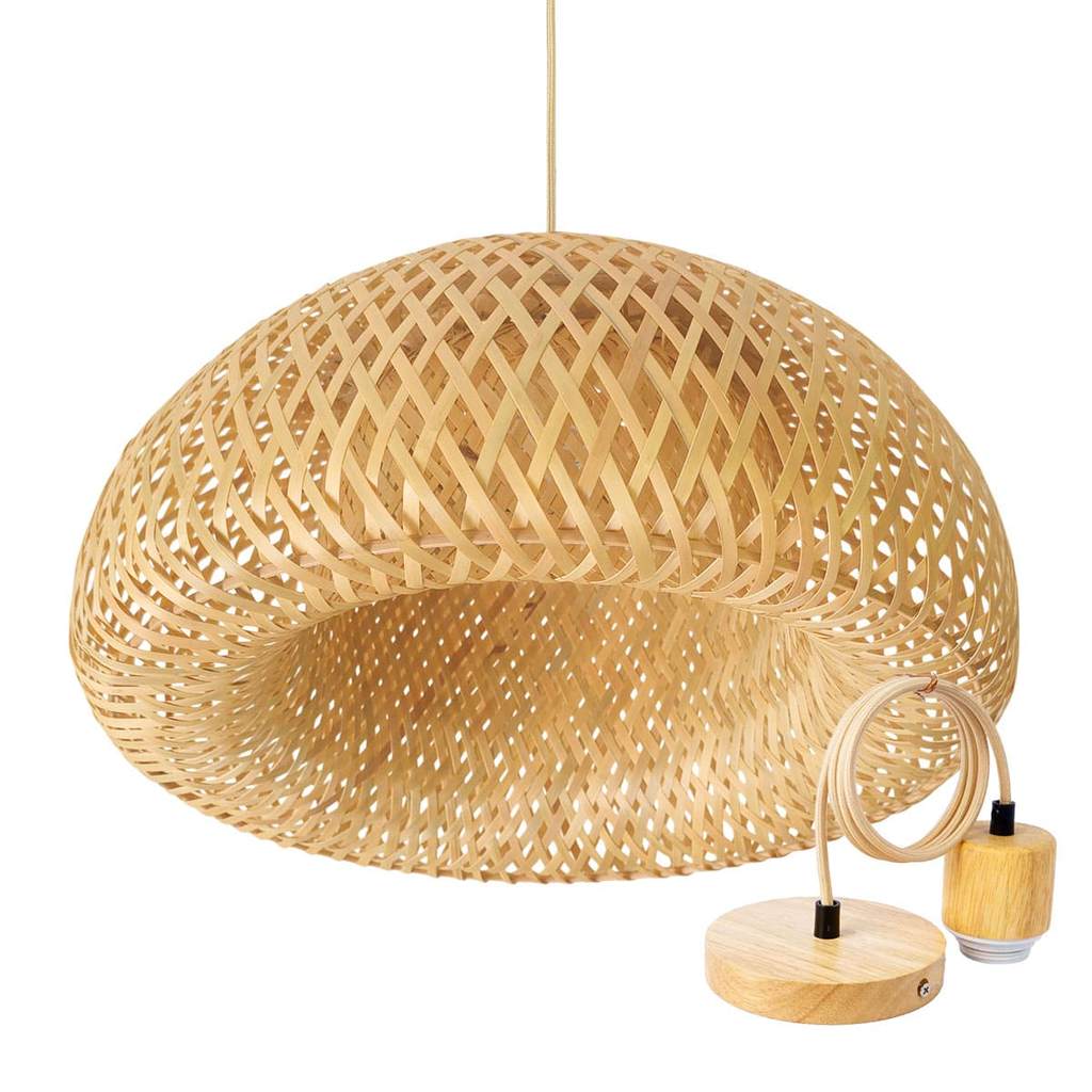 Luminária de Teto Lustre Pendente Bambu Yuna Malibu 45 com Canopla Madeira