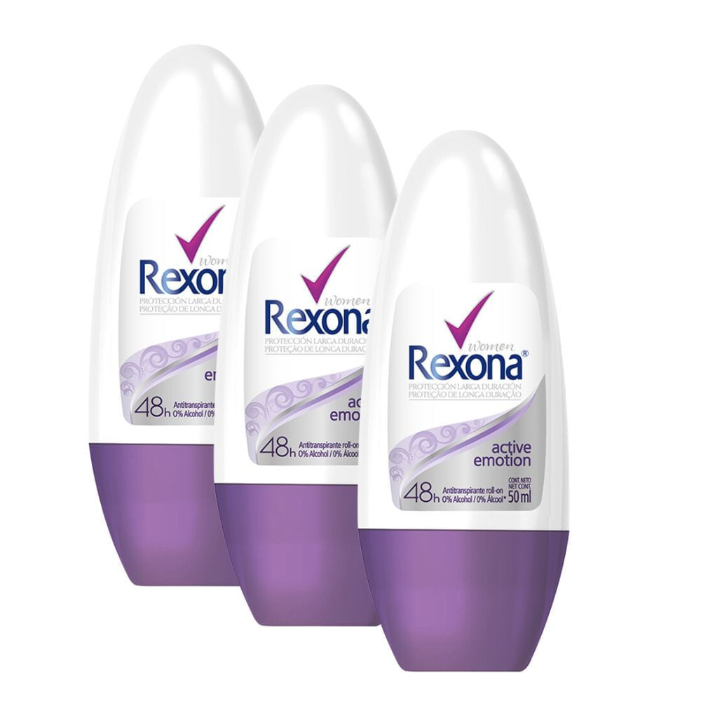 Kit 3 Desodorante Antitranspirante Rexona Active Emotion Women Roll-on com 50ml