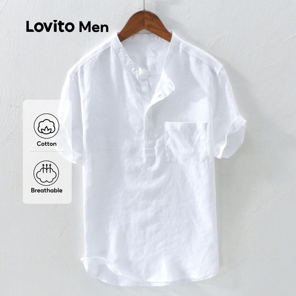 Lovito Camisa Casual com Bolso Primavera/verão Camisa Branca para homens LNE110005 em Oferta na Shopee