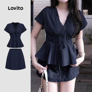 Lovito Blusas ou Saias Elegantes com Babado Primavera/verão Blusa Azul Blusas ou Saias para Mulheres L154ED326
