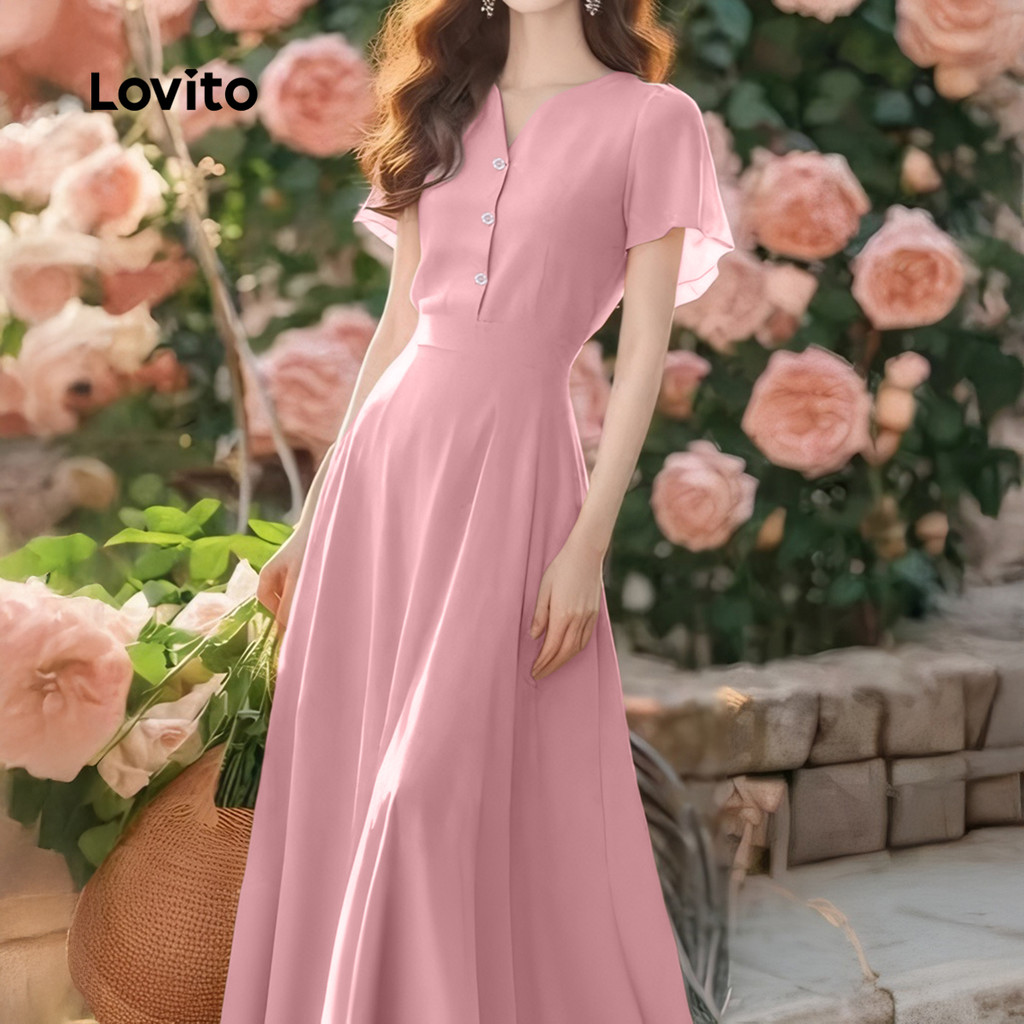 Detalhes do Lovito Vestido Elegante com Babados Na Primavera/verão  Vestido Rosa para Mulheres L142LD268