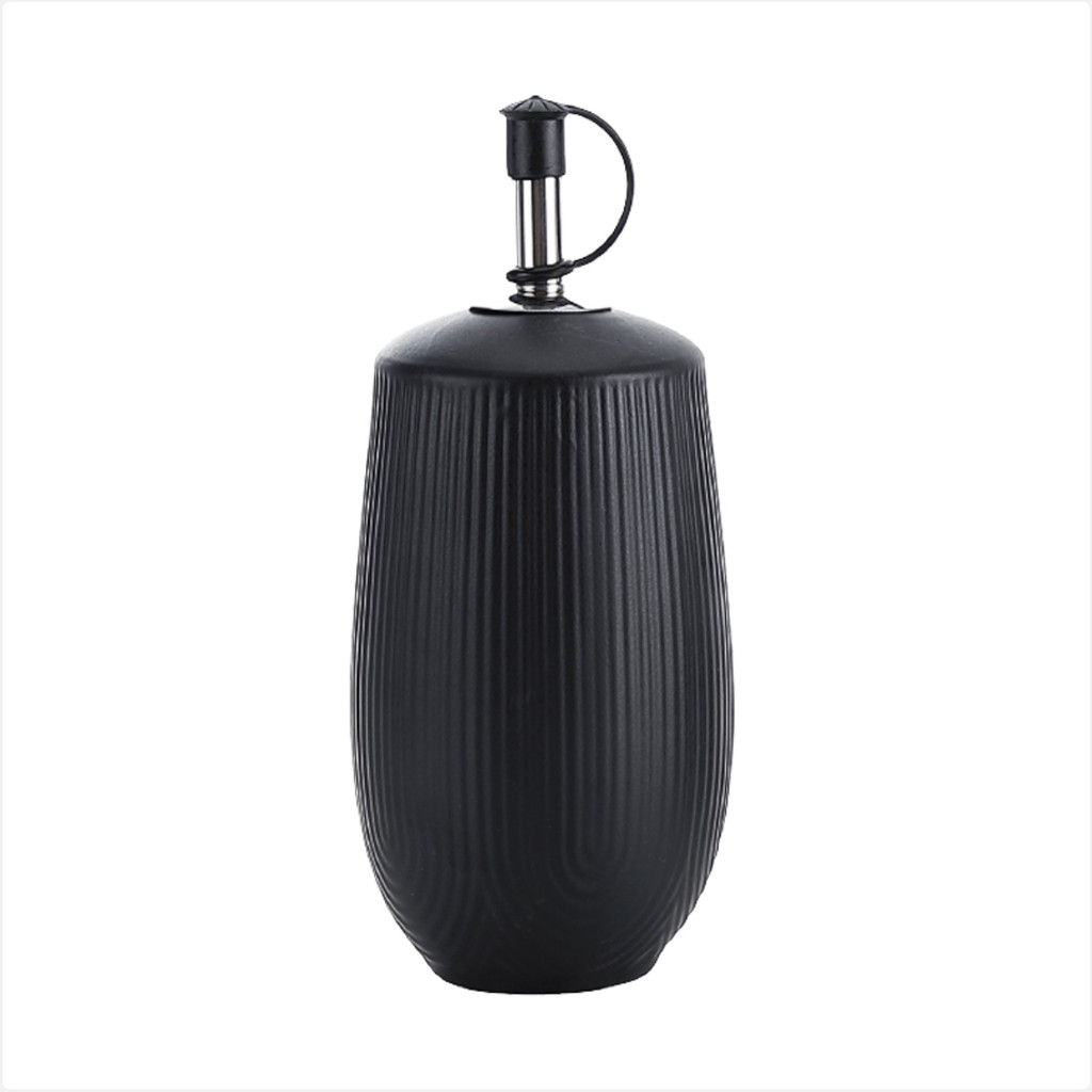 Galheteiro Azeiteiro 250ml Louça Cerâmica Preta Textura Canelada Bico Dosador Para Temperos Oásis