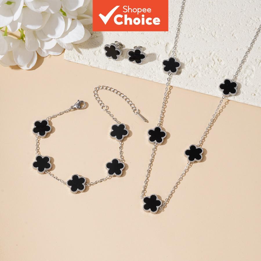 Conjunto de Joias Flor de Pétalas Sortudas em Aço Inoxidável - Colar, Bracelete e Brincos ...