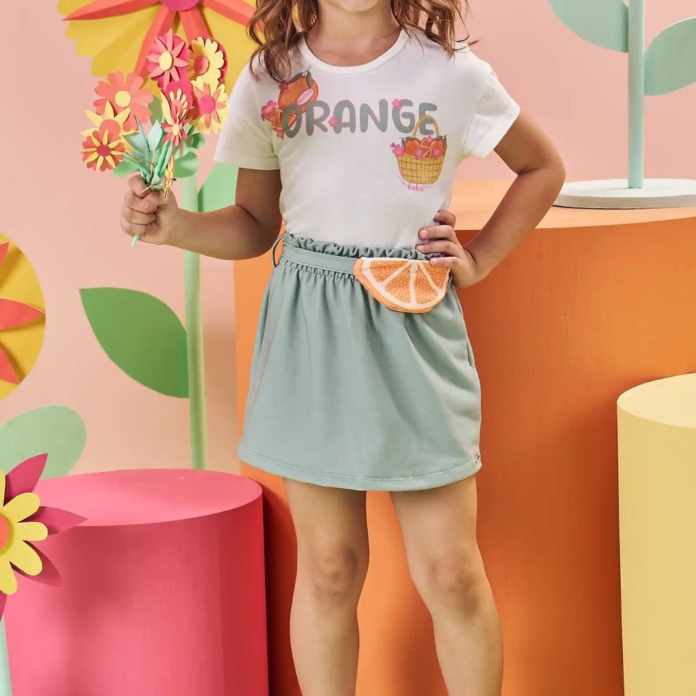 Conjunto infantil menina Verão Blusa Boxy e Shorts Saia Verde Claro -KUKIÊ