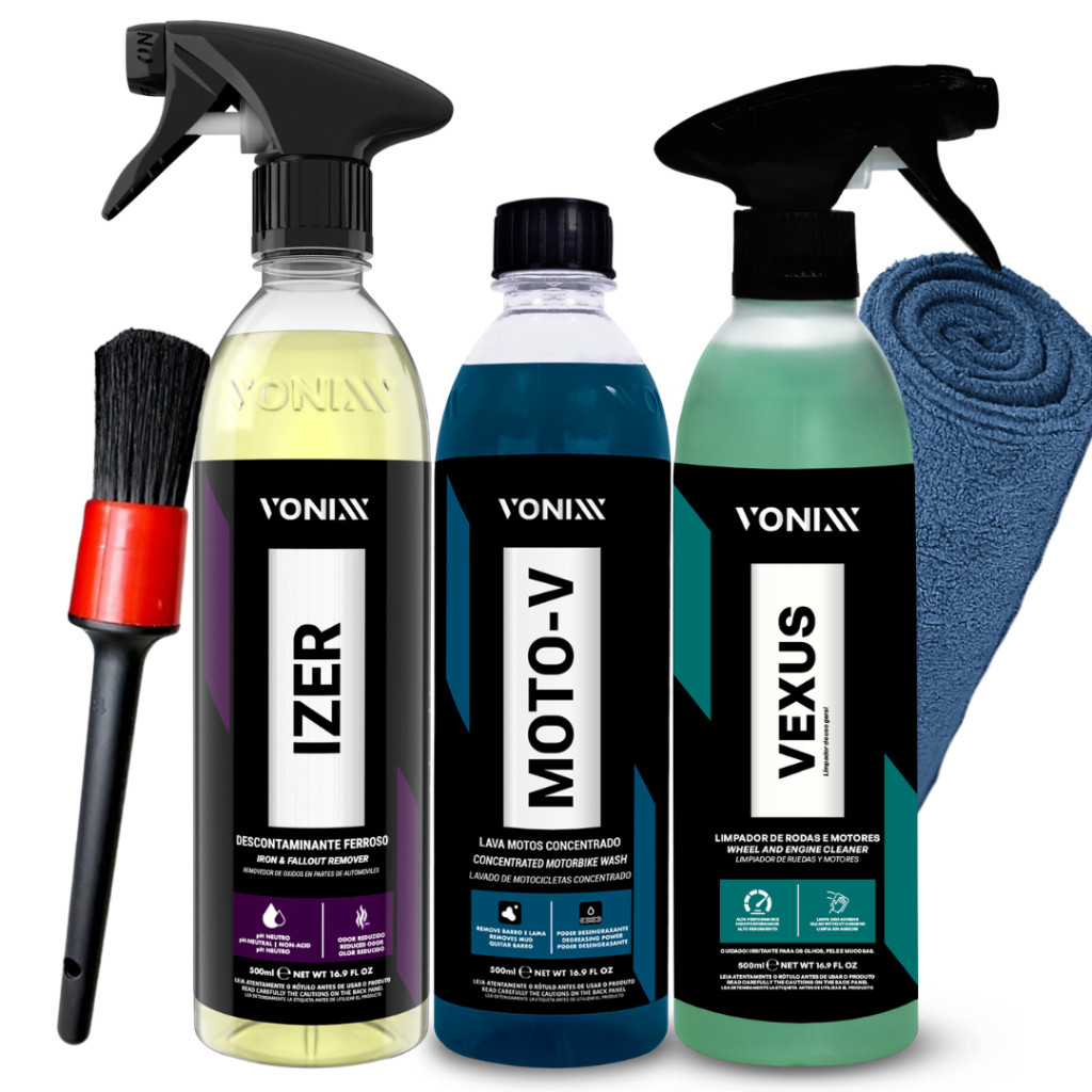 Kit Vonixx Limpeza Pesada para Rodas, Motores e Motocicletas Izer+Moto-V+Vexus + Pincel e Pano em Oferta na Shopee