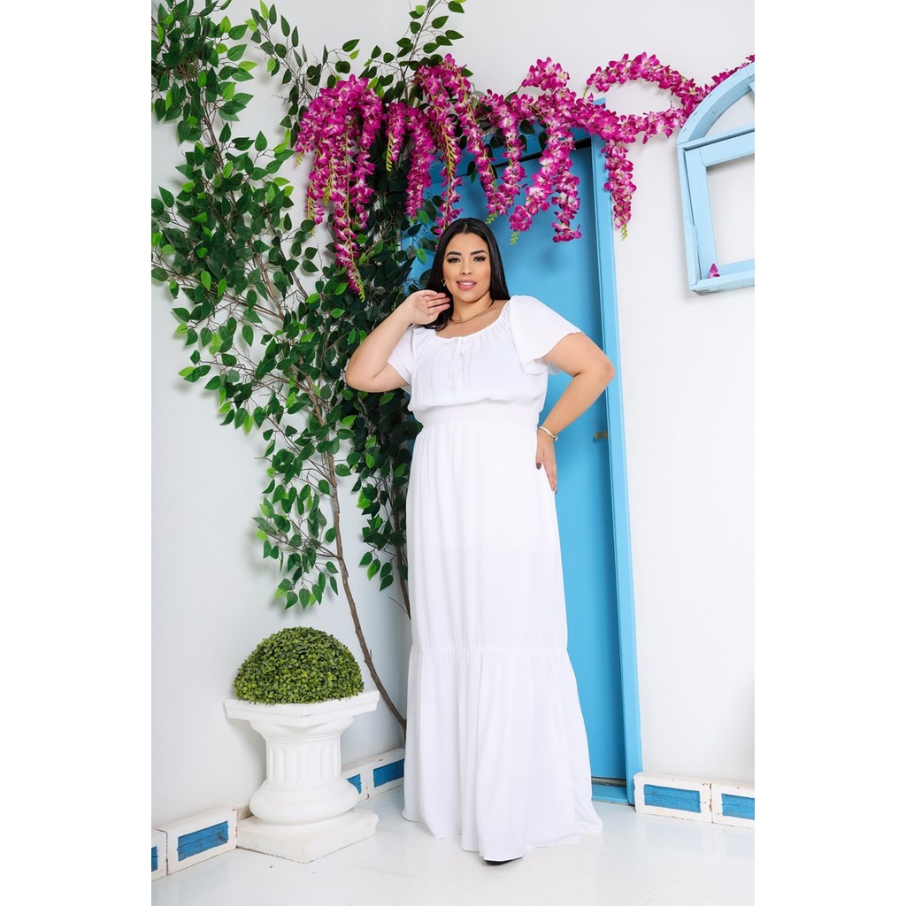Vestido Longo feminina Plus Size Viscolinho Ciganinha Casual Manga curta Tendência Moda Evangélica