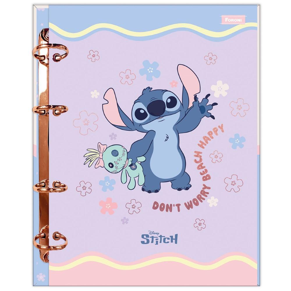 Fichário Colegial 17,7x24cm Médio 4 Fechos Sem Lombo 60 Folhas Stitch Don´t Worry Foroni em Oferta na Shopee