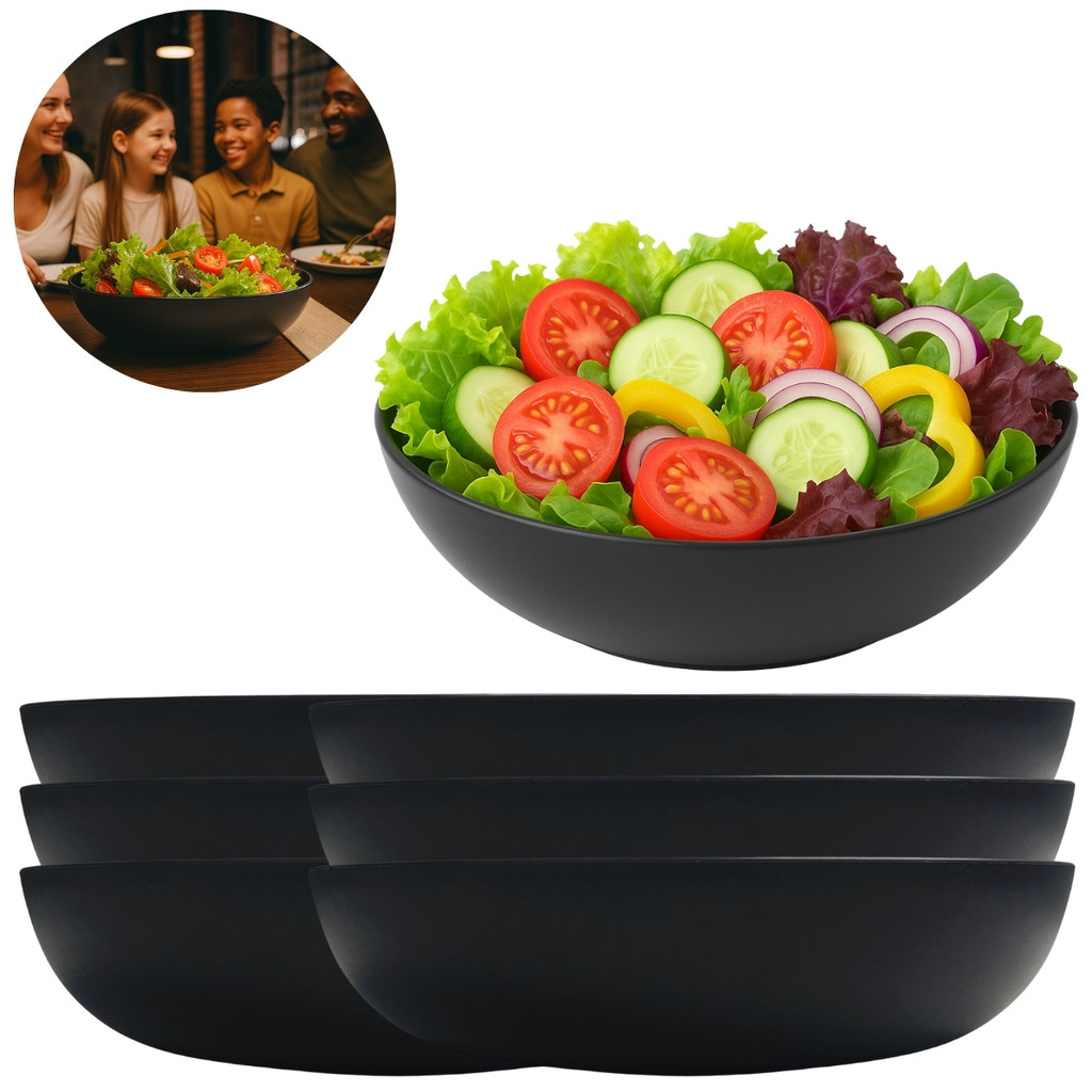 Kit 6 Pratos Fundo 1100ml Melamina Preto Saladeira
