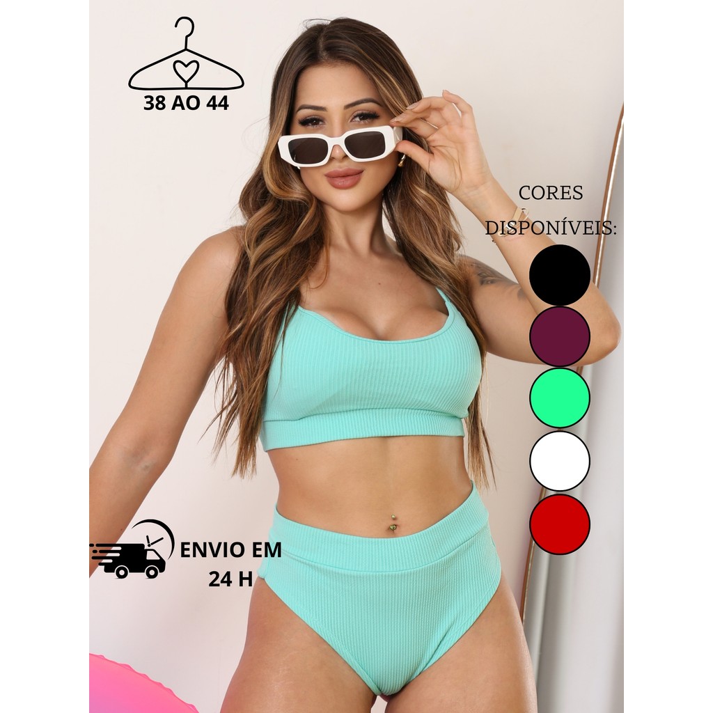 Bikini Cintura Alta Feminina Calcinha Hot Pants Forro Anarruga /Top com Bojo/Conjunto moda Praia Verão Tendencia 2026