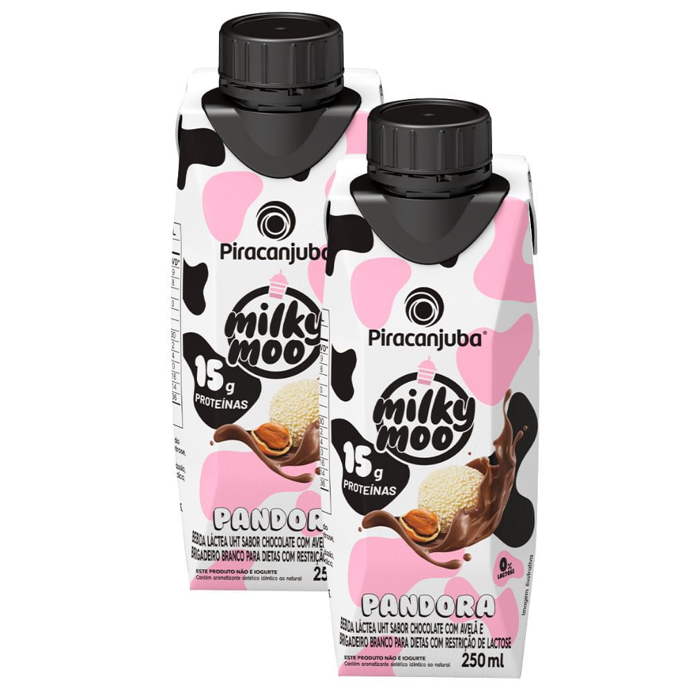 Kit 2 Bebida Láctea Piracanjuba Milky Moo Pandora Sabor Chocolate com Avelã e Brigadeiro Branco 250ml