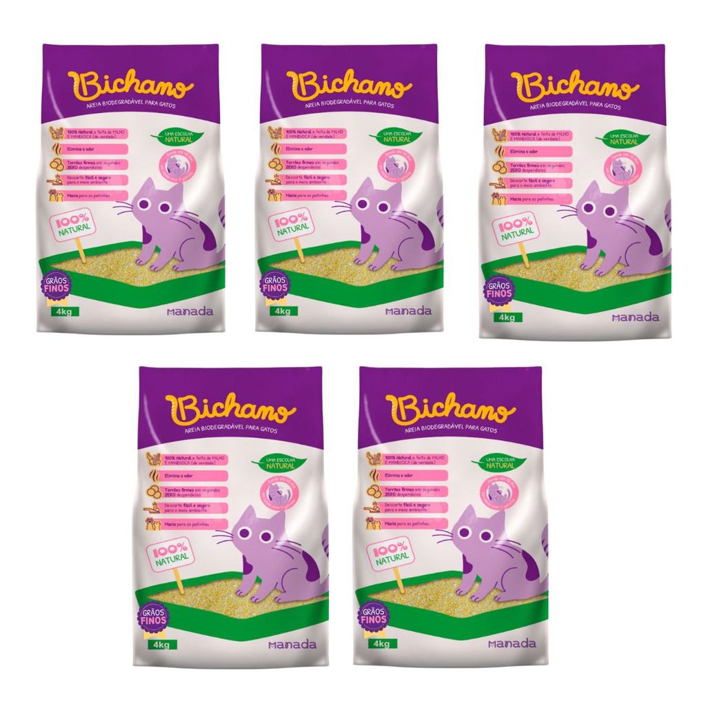 Kit 05 Unidades Areia Biodegradável Bichano Para Gatos Grãos Finos 20kg Milho e Mandioca Manada em Oferta na Shopee