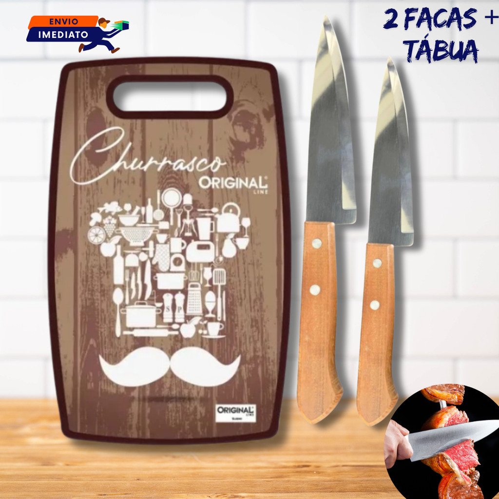 FACAS INOX CARNES LEGUMES CHURRASCO PEIXES DE 7" E 6" CABO MADEIRA E TÁBUA CORTE CHURRASCO PVC