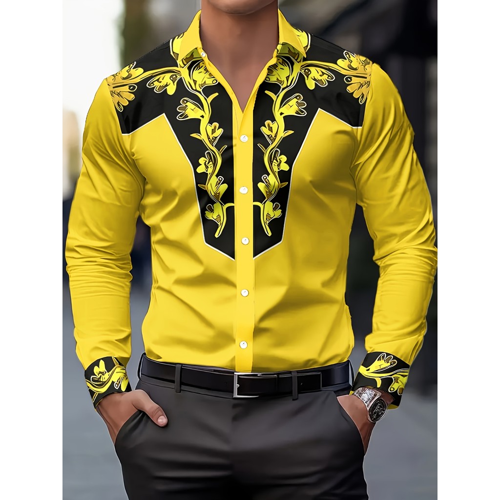 Camisa estampada de moda masculina estilo jeans elegante estampa Floral camisa masculina Casual de manga comprida, roupa