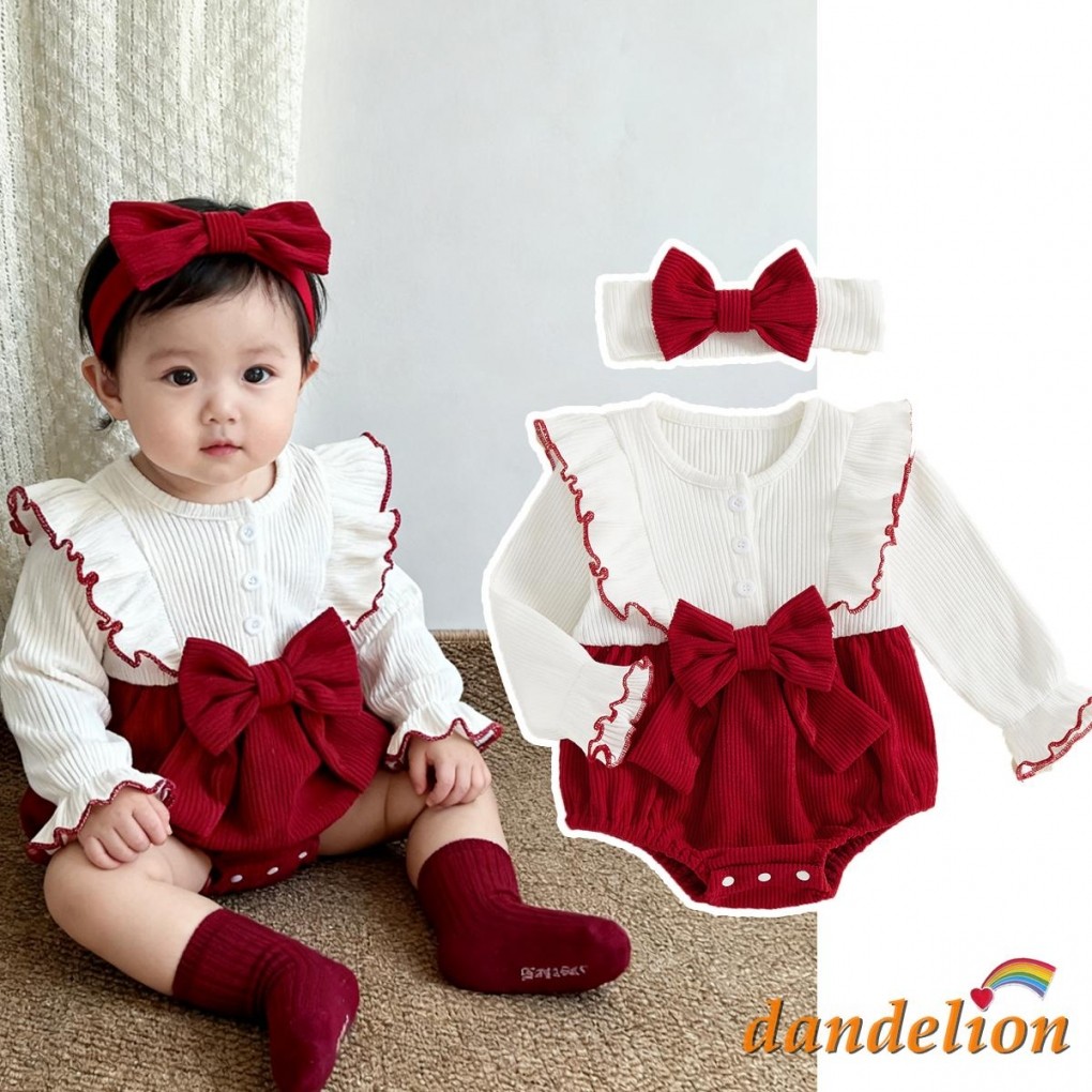 Roupa De Bebê Recém-Nascido Menina Manga Longa Tripulação Pescoço Arco Retalhos Macacão Com Faixa De Cabelo Roupas De Ou