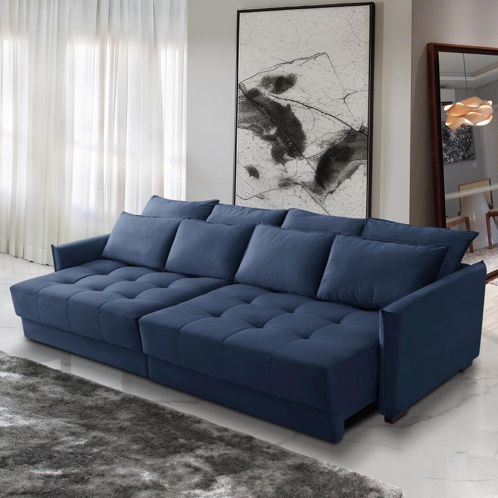 Sofá Cama Retrátil e Reclinável 2,50m com Molas Carol Veludo Azul Adonai Estofados em Oferta na Shopee