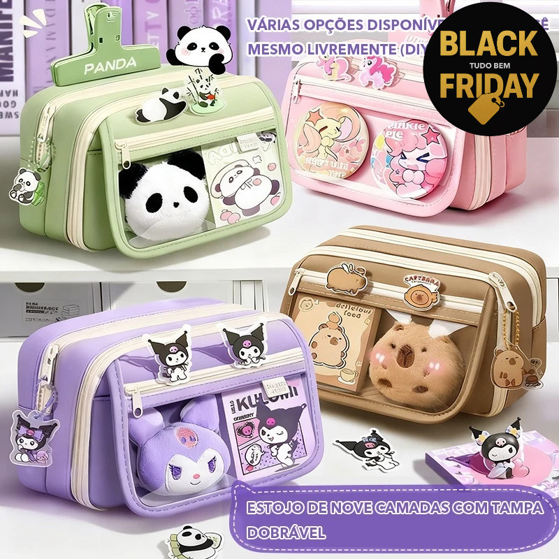 Estojo Grande Transparente 9 Compartimentos + Brinde Adesivo e Mini Boneca à Prova d’Água em Oferta na Shopee