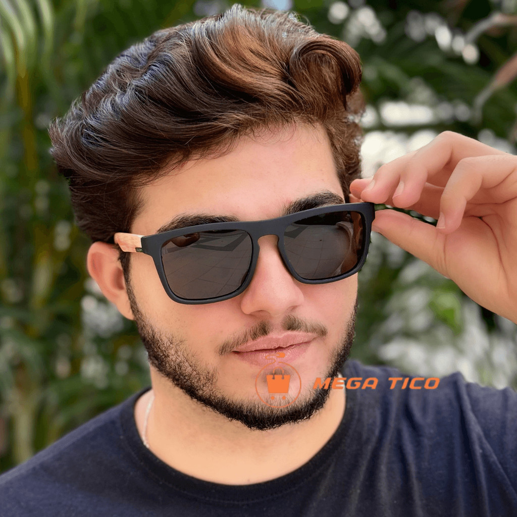 Óculos de Sol Masculino e Feminino Quadrado Haste Bambu Lente Polarizada