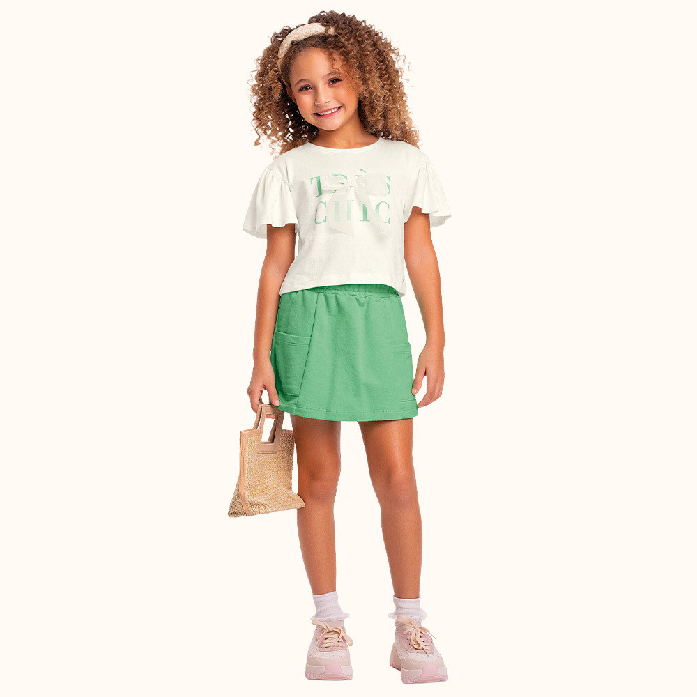 Conjunto Infantil Blusa Malha Laço Short Saia Malha Fakini