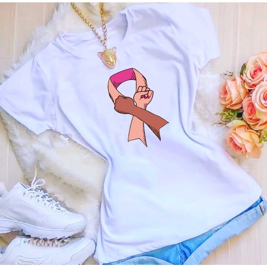 Camiseta Linda Tshirt Camiseta - Força Laço Outubro Rosa Algodão 30.1 Envio Imediato