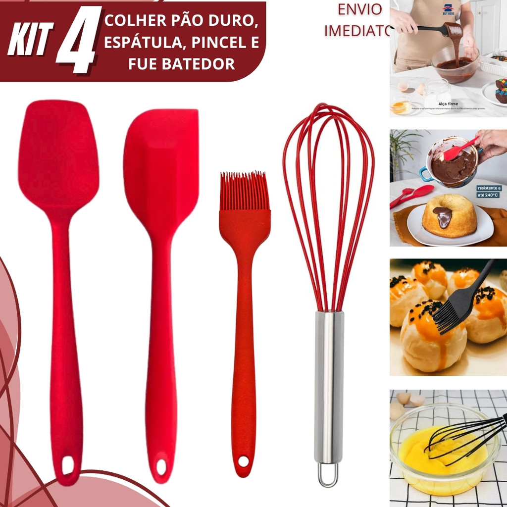 Kit 1 ou 4 Utensílio de Silicone Confeiteiro Espátula Reta Espátula Pão Duro Fouet Batedor e Pincel