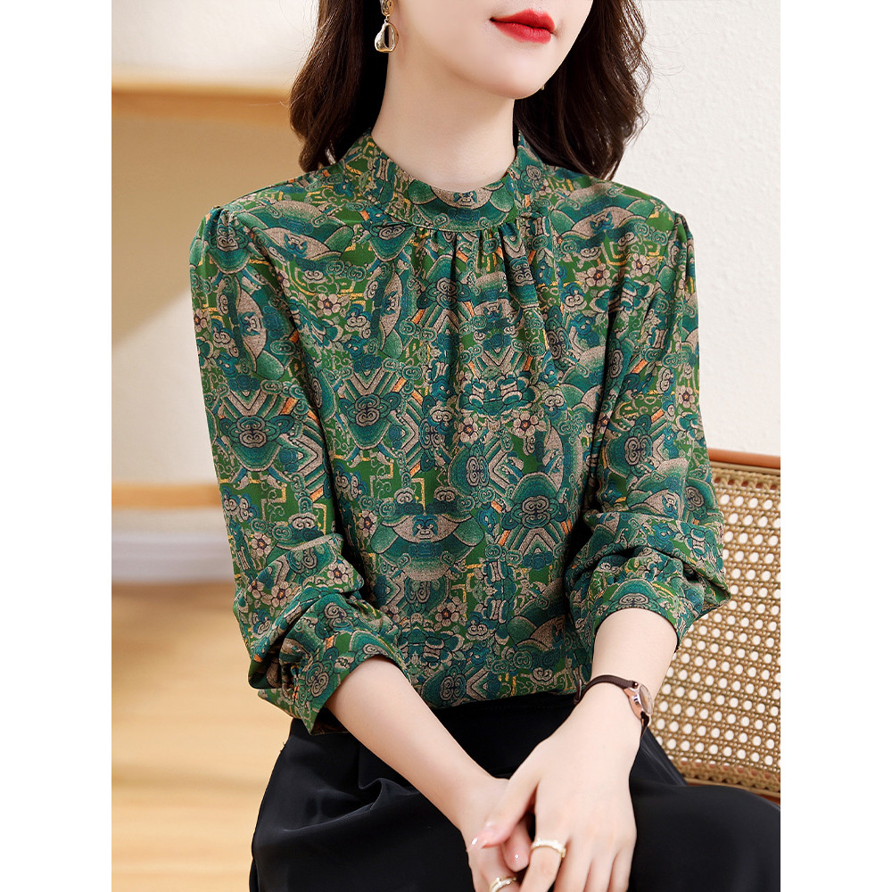 Moda estilo ocidental Floral gola alta camisa de manga comprida senhoras outono novo estilo temperamento Casual camisa p