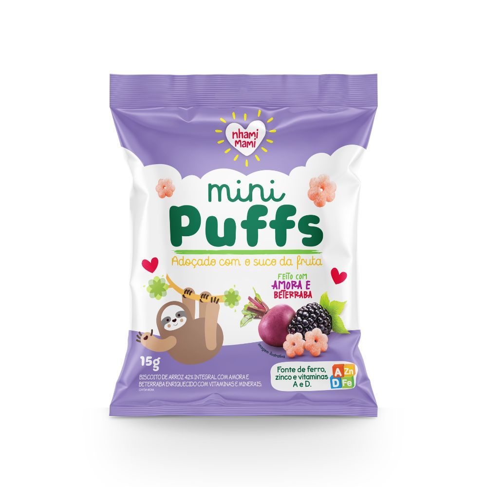 Biscoito de Arroz Nhami Mami Mini Puffs Feito com Amora e Beterraba 15g em Oferta na Shopee