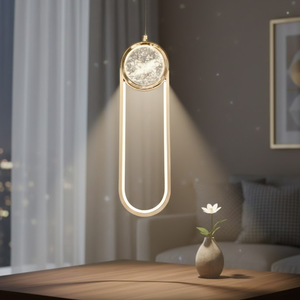 Pendente Moderno Retangular 40cm Cristal Dourado LED Bivolt Luz Branco Quente Estilo Sala de Jantar Decoração Elegante
