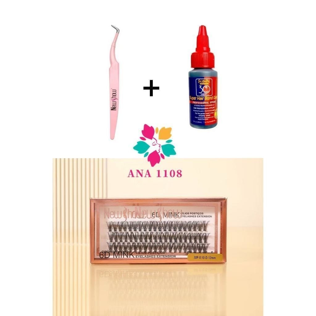 NewShow Super Cola 30ml Salon Pro + Pinça Vetus + Caixa Com Cílios postiços 6D MINK 30P - Tufos Sem nó em Oferta na Shopee