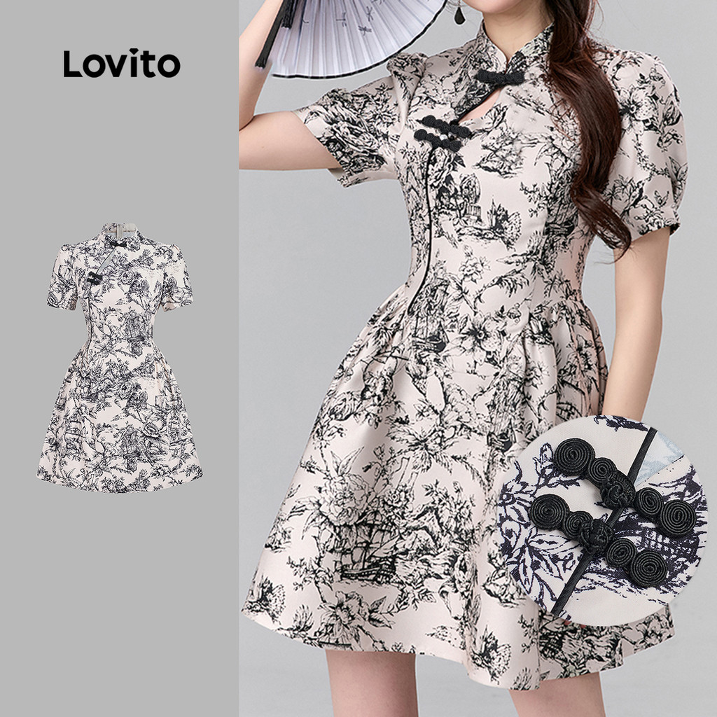 Lovito Vestido Casual Novo Estilo Chinês Cheongsam Qipao Primavera/verão Preto e Branco para Mulheres L166AD244