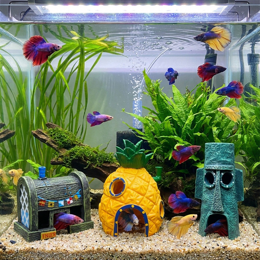 Kit Enfeites para Aquário Fenda do Biquíni Siri Cascudo Casa Lula Molusco e Abacaxi Decoração Resina