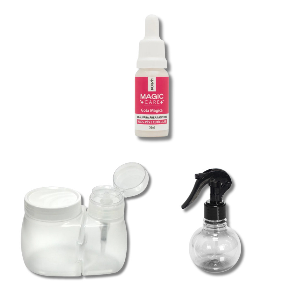 KIT DOSADOR DE ACETONA COM PORTA ALGODÃO + BORRIFADOR BOLINHA 180ML PROFISSIONAL + GOTA MÁGICA