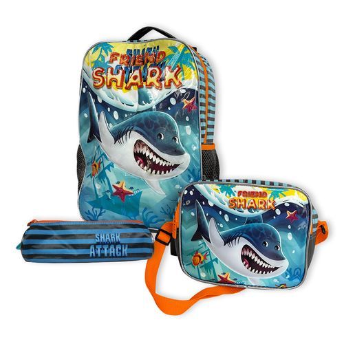Conjunto Mochila Infantil Escolar 3 Pecas Tema Tubarao Laranja Duravel