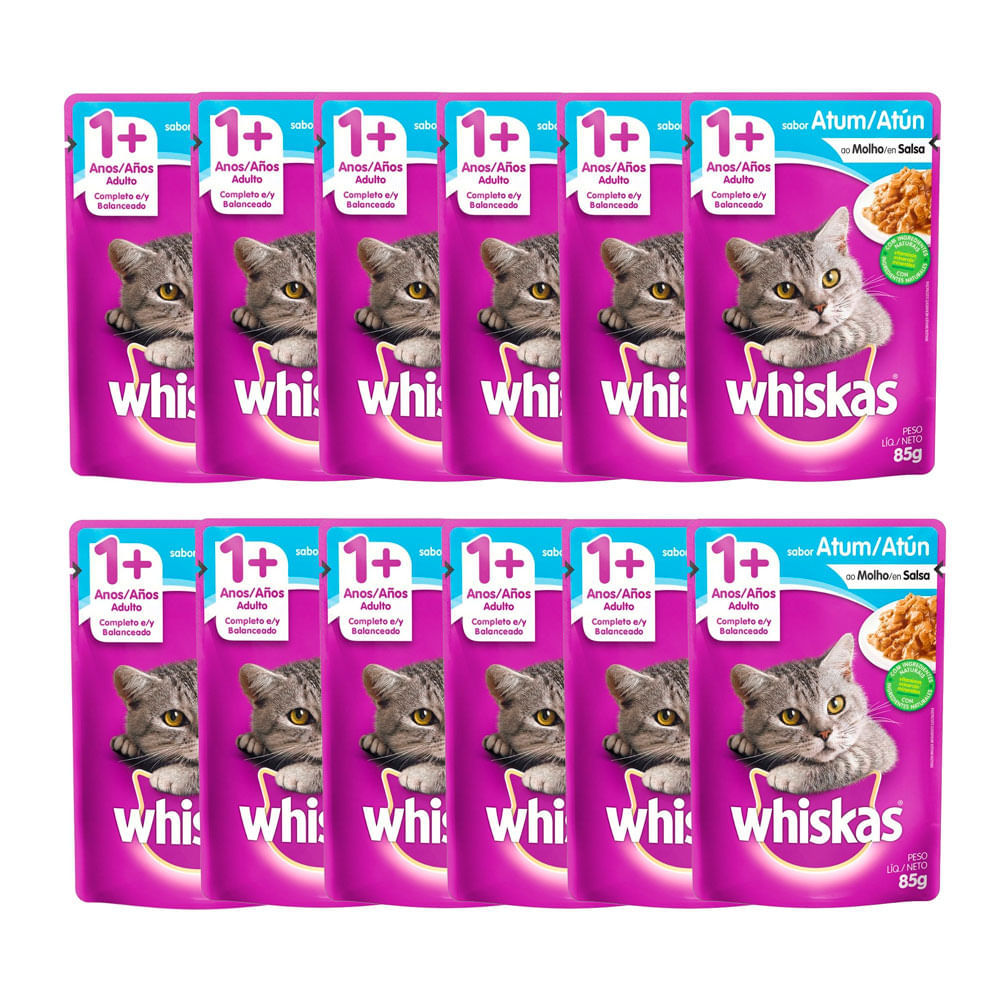 Kit 12 Ração Úmida para Gatos Whiskas Adulto 1+ Anos Sabor Atum ao Molho em Sachê 85g em Oferta na Shopee