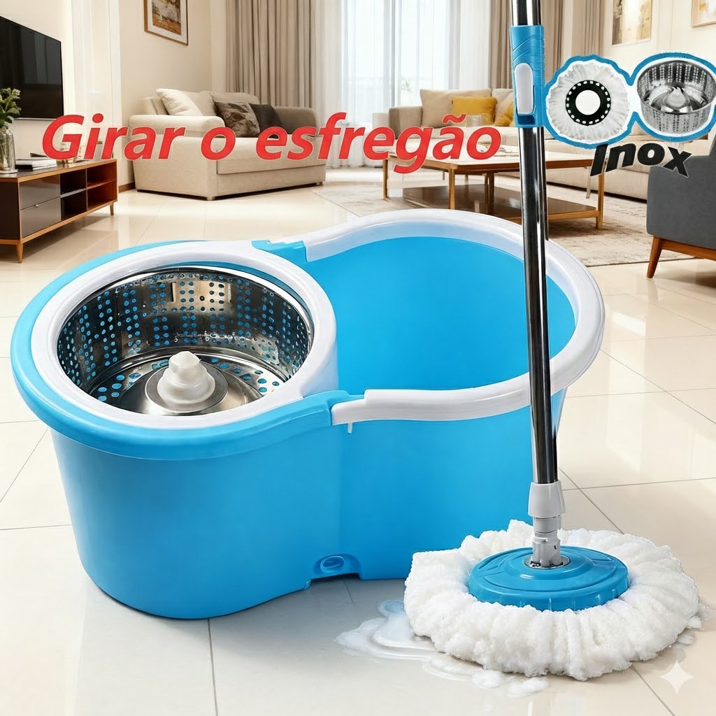 Esfregão desaguador Mop automático Giratório com Inox ou plástico balde Esfregão de limpeza 360° Eficiente