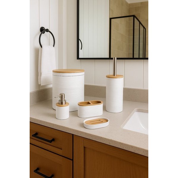 Kit Para Banheiro Linea Com Lixeira 5 Peças - Jolitex Mek - Linea Branco
