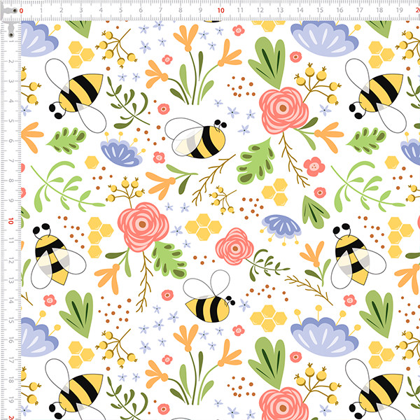 Tecido Tricolline Estampado Abelhas nas Flores Artesanato Costura Animais Decoração DIY Costura Criativa Artesanato