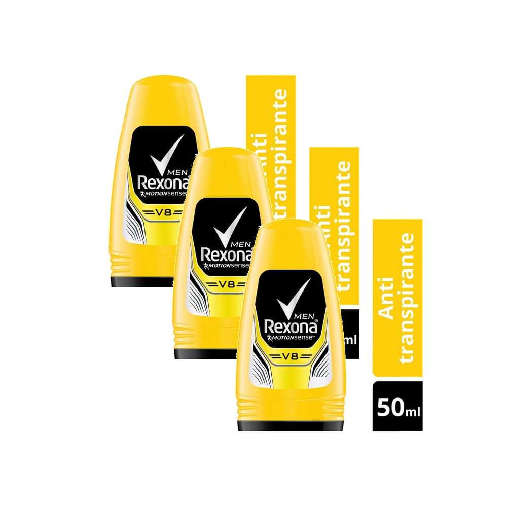 Kit 3 Desodorante Antitranspirante Rexona Men V8 Roll-on com 50ml