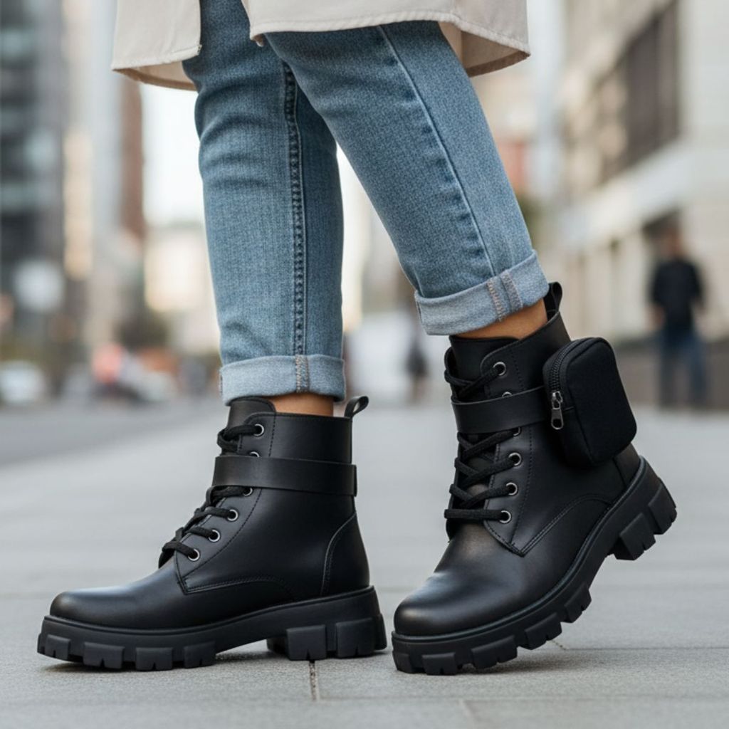 Bota Coturno Feminina Tratorada com Plataforma Estilo Militar Confortável Bolsinha Removível