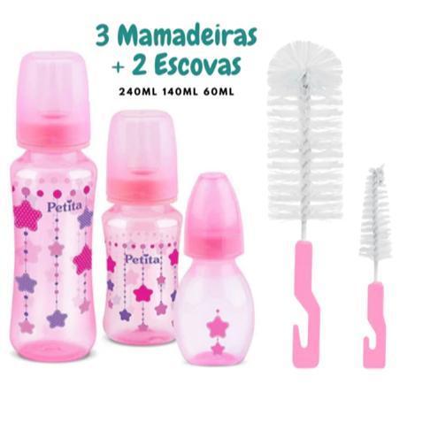 KIT MAMADEIRA COLOR - 3 UNIDADES - 60ML - 140ML - 240ML + 2 Escovas para Lavagem de mamadeira e bico em Oferta na Shopee