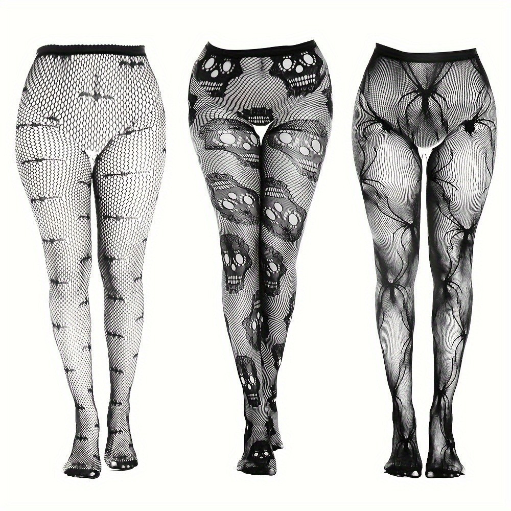1 Peça Leggings Góticas Femininas De Halloween , Padrão De Recorte De Morcego Com Caveira De Aranha Plus Size , Meia-Cal