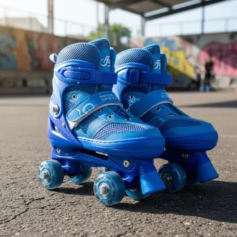 Patins Infantil 4 Rodas LED Azul 35 38 Ajustavel Brilha Equilibrio Crianca Passeio Diversao Esporte