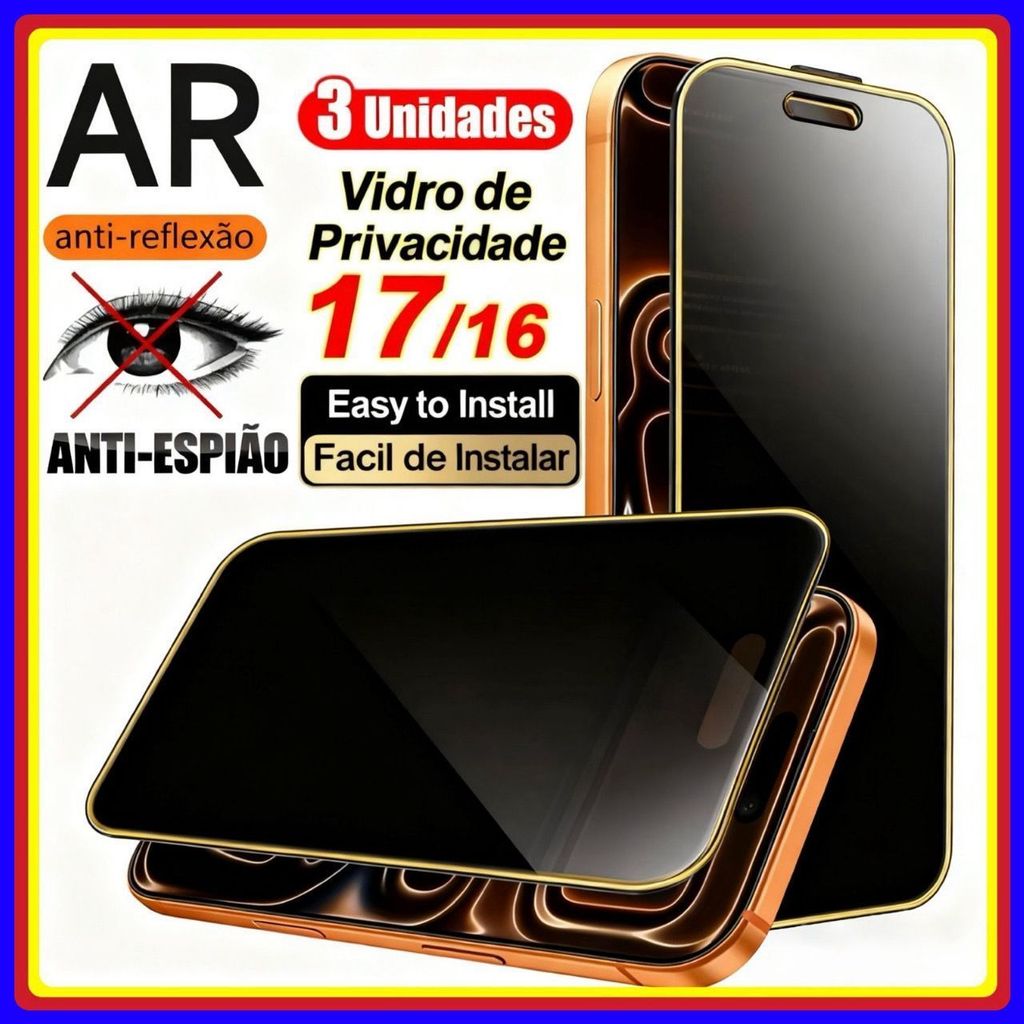 Película de Privacidade 3D Vidro Temperado Anti Spy iPhone 17 17Pro 17 PRO MAX 17 AIR iPhone 16 16Pro 16ProMax