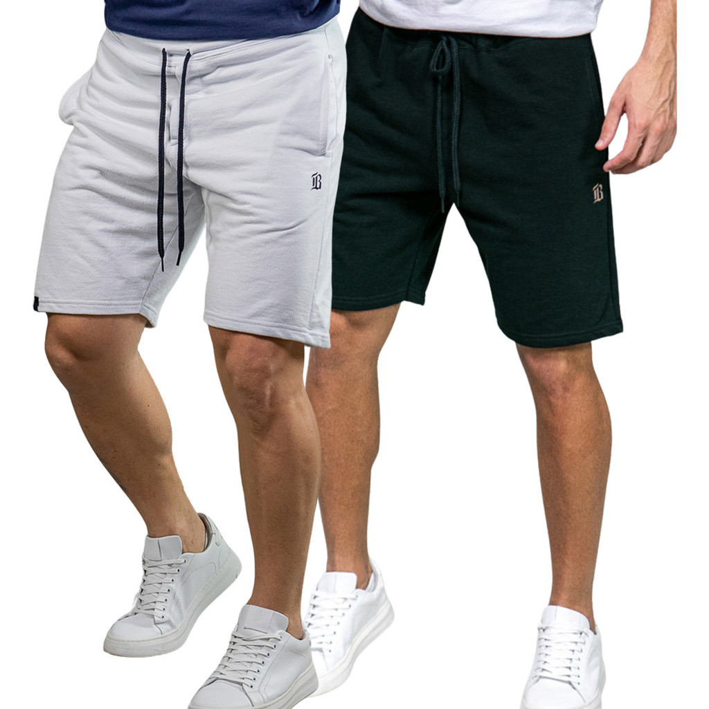 Kit 2 Bermudas Shorts Bluhen Moletom Masculina Preta Branca