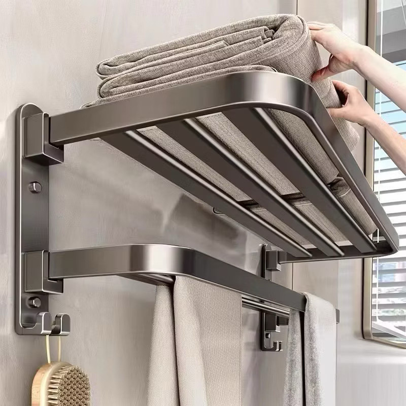Toalheiro Banheiro Dupla Camada Retrátil 90° Aço Inoxidável Porta Toalha de Parede Premium Organizador Moderno