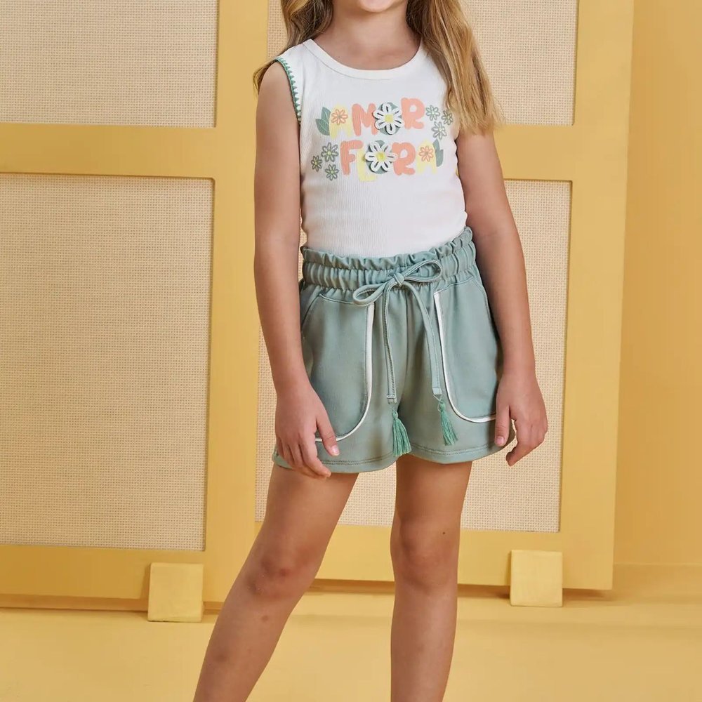 Conjunto Verão Menina Blusa Regata com Bordado e Shorts Verde Flora -INFANTI
