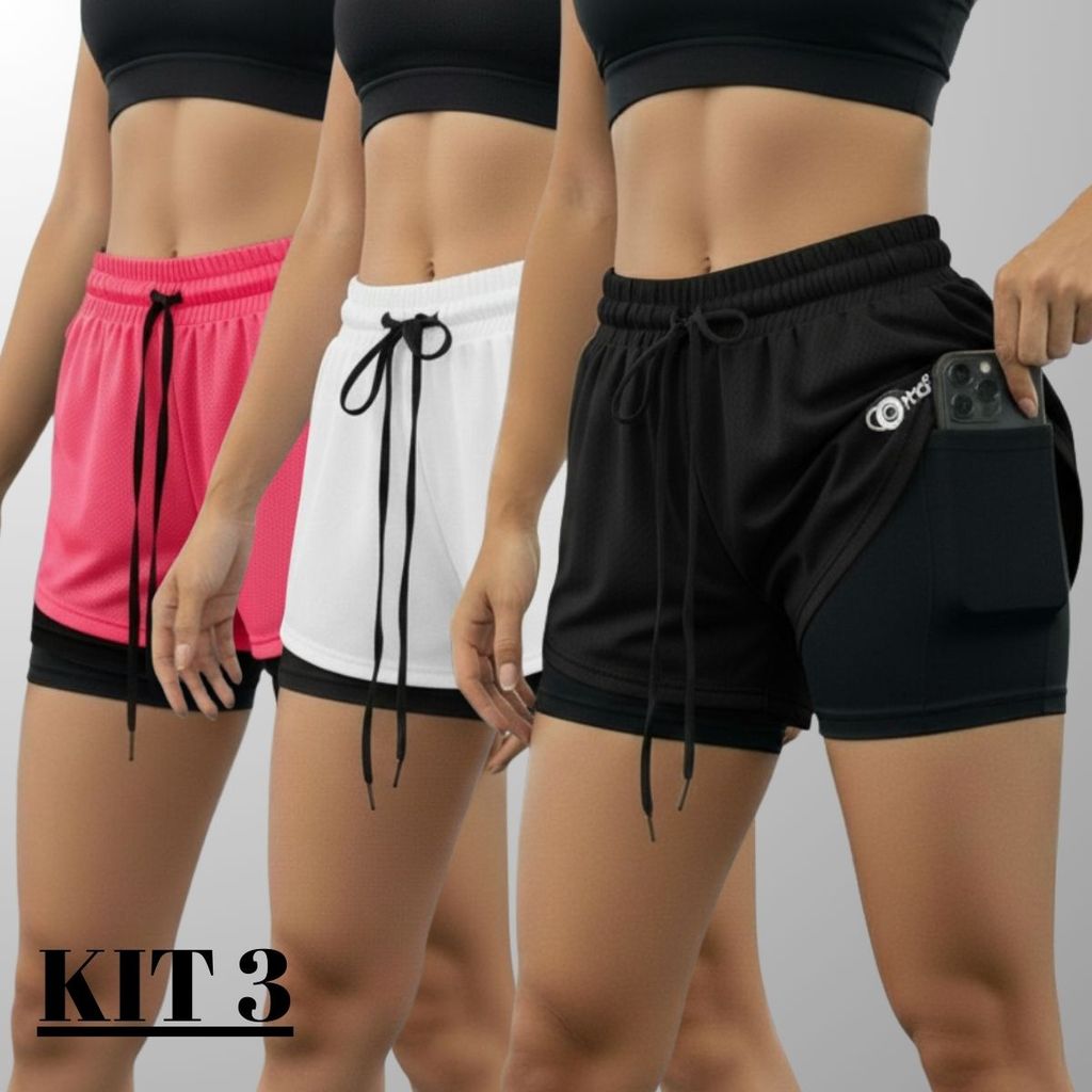 Kit 3 Shorts 2 Em 1 Feminino Fitness Com Forro Compressão E Bolso Interno Dry Fit