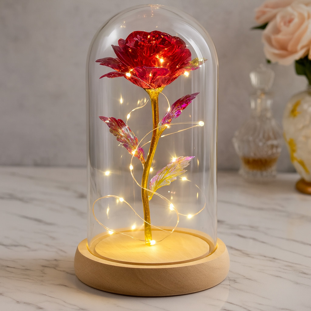 Rosa Encantada com Luz LED – Flor Eterna Decorativa em Cúpula de Acrílico