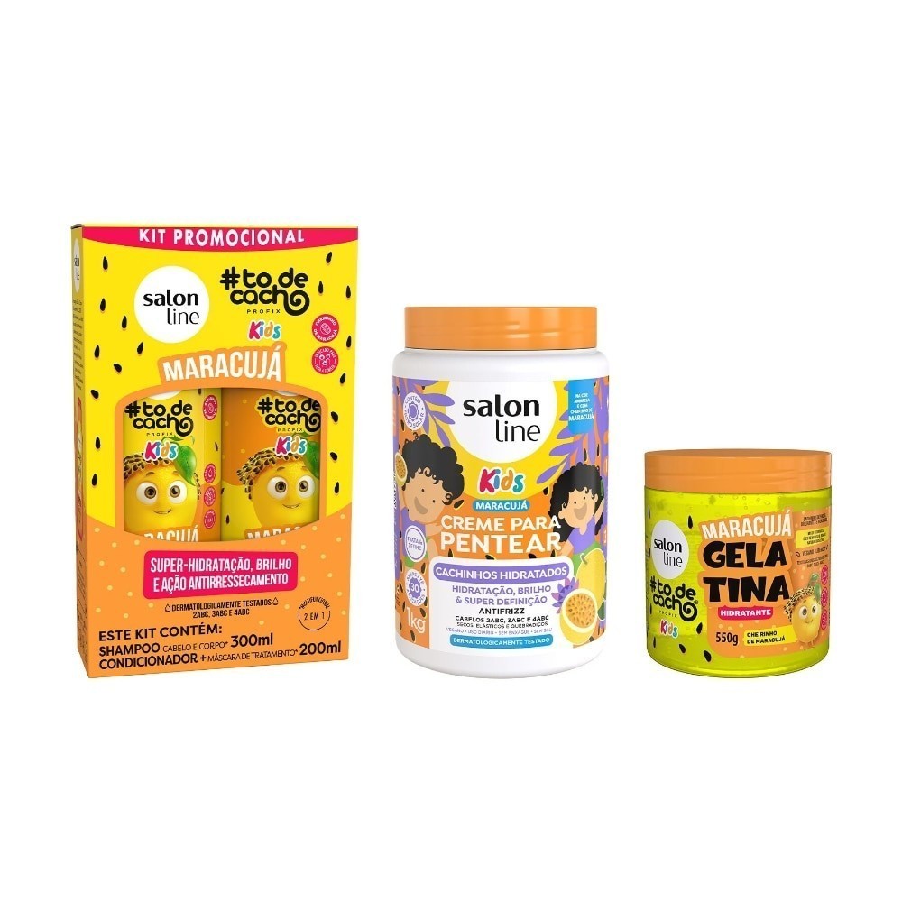 Kit Shampoo + Condicionador + Creme de Pentear 1KG e Gelatina 550g Maracujá - Salon Line kids - Original