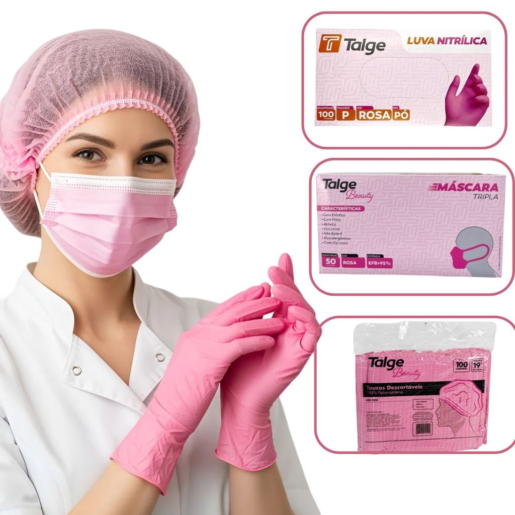 KIT ROSA 100 LUVA NITRILICA 50 MÁSCARA 100 TOUCA em Oferta na Shopee